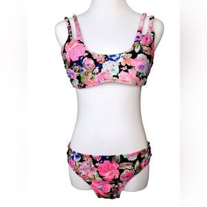 No Boundaries Pink Black‎ Floral Bikini Swim 2pc Swimsuit LARGE Beach Cruise